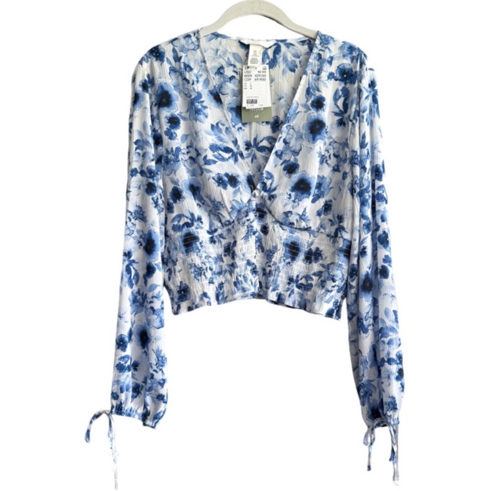 H&M Cropped V-neck Blouse Balloon Sleeve Floral Top Blue White Size L